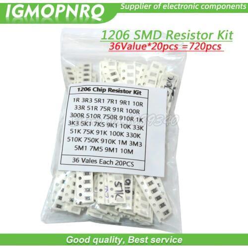 36Value each 20pcs =720pcs 1206 SMD Resistor Kit 1/4W 0.25W 5% 1 ohm~10 Mohm component diy kit 1R 3.3R 5.1R 1K 10K 100K 1M 10M