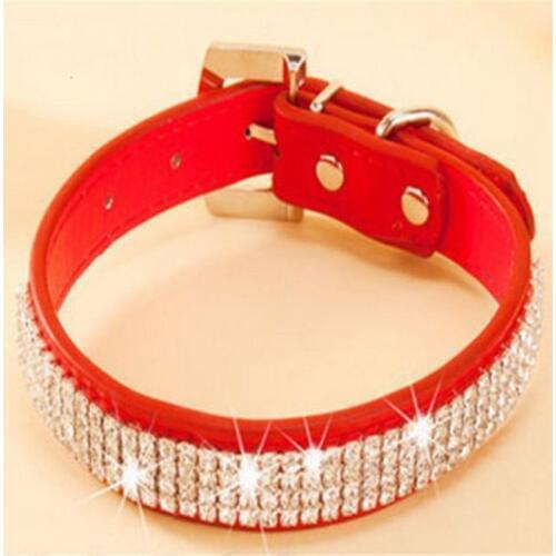 Bling Rhinestone PU Leather Crystal Diamond Puppy Collar Pet Dog/Cat Collars Pink Red