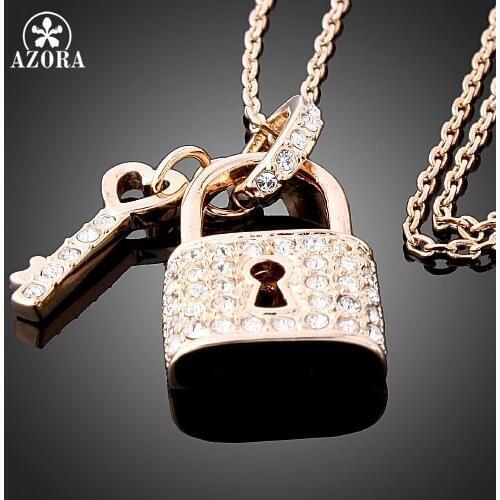 AZORA Rose Gold Color Key and Lock Pendant Crystal Necklace,Wholesale Fashion Jewelry Necklace TN0155