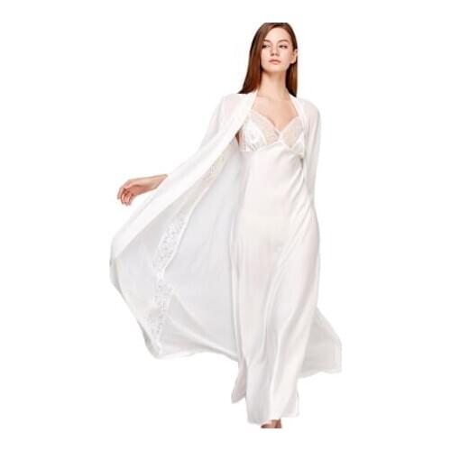 Sexy Sling Dress Sleeping Robe Two-Piece Faux Silk Sleepwear Women Elegant Lady Lace Long-Sleeve Nightgowns Bathrobes T0008