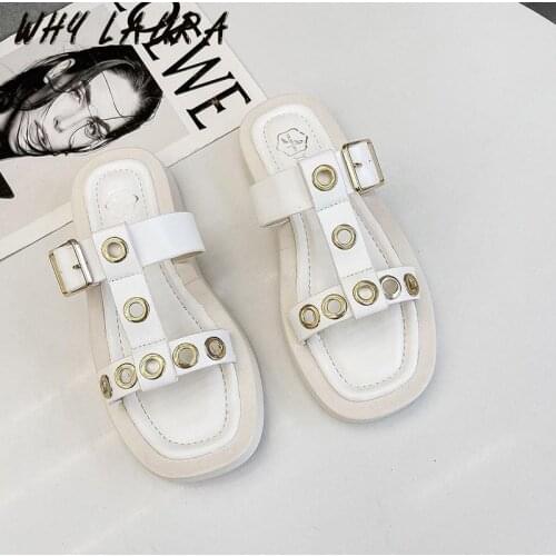 2021 summer solid color metal open-toe flat sandals outdoor beach new fashion zapatilas Mujer Casa