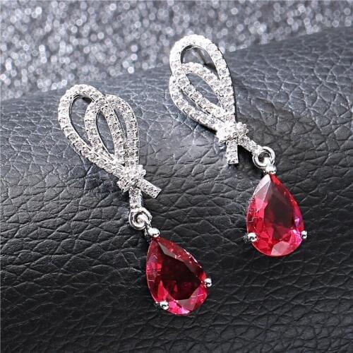 NEW High Quality Cubic Zirconia Bowknot silver colour Drop Earrings For Women Red Water Drop Earring Brincos Jewelry