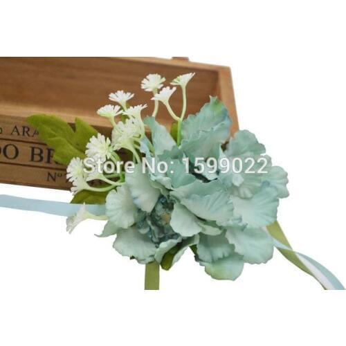 Wedding Prom Scabiosa Babys Breath Bridal Decoration Hand Wrist Flowers Mother of Bride Groom Corsage Party Bracelets Light Blue