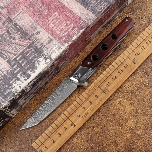 VG10 Damascus steel wooden handle tactical outdoor camping hunting self-defense fruit multifunctional EDC tool folding knife