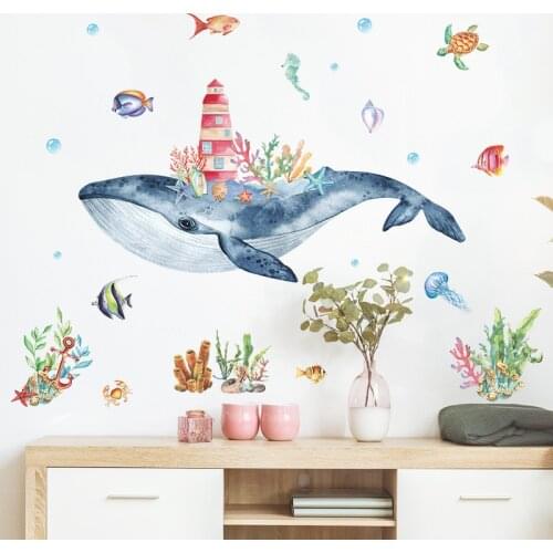Cartoon Sea Whale Vinyl Decorative Wall Stickers Castle Bathroom Decor Waterproof Self-adhesive Wallpaper Posters For Kids Rooms