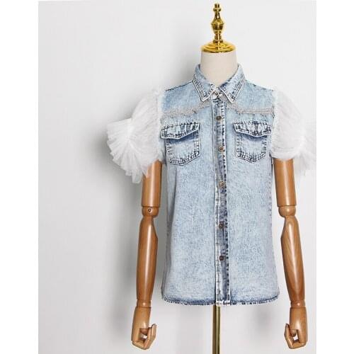Mesh Denim Coat For Women Lapel Short Sleeve Diamond Jacket Female Fashion New Tide Casual Patchwork Casual Jacket