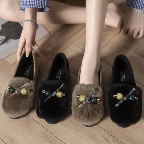 LLOGAI Furry shoes womens shoes 2021 autumn and winter new Korean version plus velvet fashion beaded shallow cotton scoop shoes