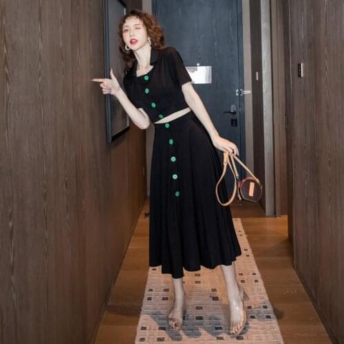 New arrival fashion short sets for women summer cotton casual temperament young simple black skirt and top two piece sets