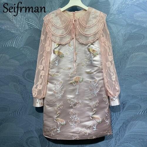 Seifrmann New 2021 Summer Women Fashion Runway Short Dress Lantern Sleeve Bow Lace Elegant Print Ladies A-Line Dresses Vestidos