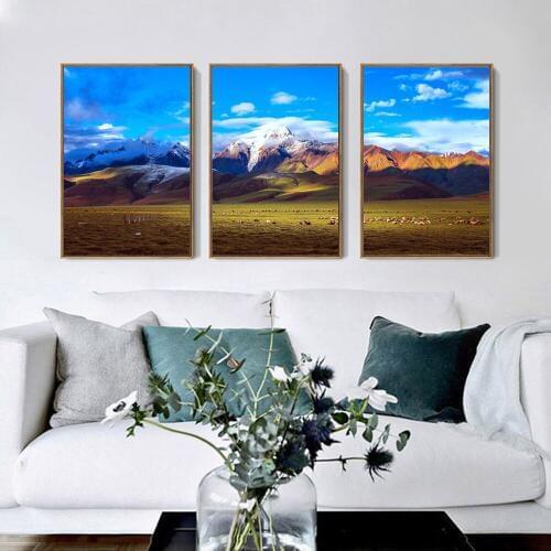 1 set Beautiful Prairie Snow Mountain China Qinghai-Tibet Plateau Nature Landscape Unframed Canvas Painting For Wall Decoration