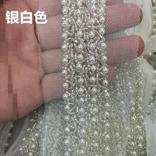 86cm/pcs 3cm Fake Pearl Beaded Lace Trim Vintage Mesh Fabric Paillette Lace Wedding Dress Dentelle Applique Z980