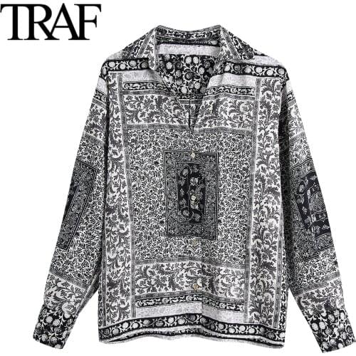 Traf Za Women Fashion Long Sleeve Blouses Vintage Print Loose Female Button Up Shirt Office Ladies Tops Mujer