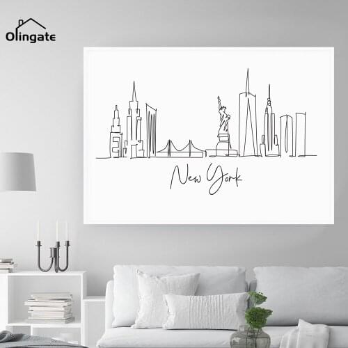 Black White Skyline One Line Drawing Poster Abstract New York Canvas Painting One Piece Wall Art Home Decor for Living Room