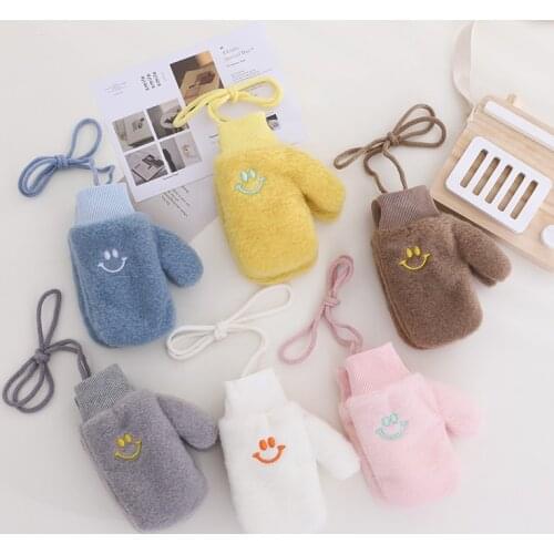 Cartoon Smile Pattern Child Gloves Autumn Winter Velvet Thicken Warm Kids Boys Girls Neck Hanging Gloves Baby Mittens Gloves 3-6