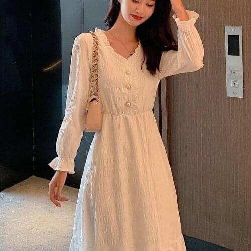 V-neck Elegant Sweet Dress Women Full Sleeve White Dress Party Casual Long Dresses Female Korean Style 2021 Spring Chic Y562