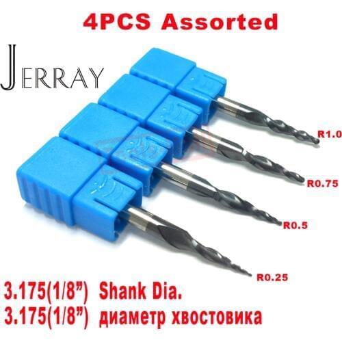 4PCS/Lot R0.25&0.5&0.75&1.0mm 3.175mm Shank HRC55 Tungsten solid carbide Tapered Ball Nose End Mills and cone CNC Milling cutter