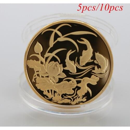 5pcs/10pcs China Koi Fish Gold Commemorative Coin Chinese Feng Shui Mascot Animal Fish Coins Collectibles Home Decoration