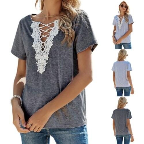 Kuelawear Loose Lace V-neck Short Sleeve Womens Pure Color Hollow Out Pullover T-Shirts Ladies Fashion Summer Casual Cotton Tops