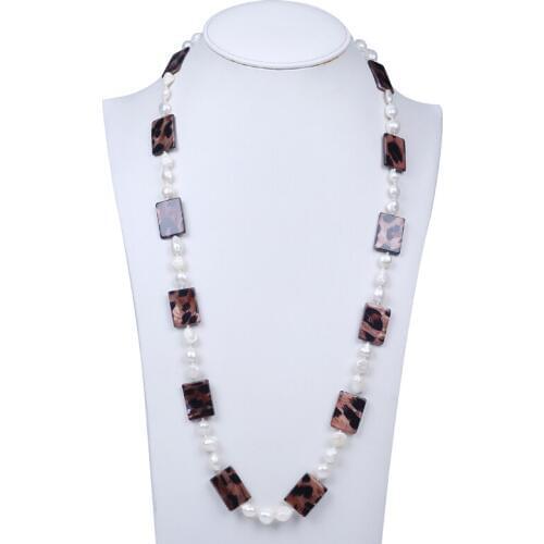Fashion white 9-10mm baroque freshwater pearl with shell bead necklace brown rectangle shape shell beads jewelry