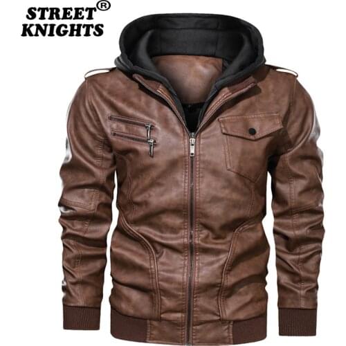 2021 New Mens Outwear Bomber Vintage Autumn Black PU Leather Casual Jacket Slim Fit Motorcycle Biker Coats Removable Hood