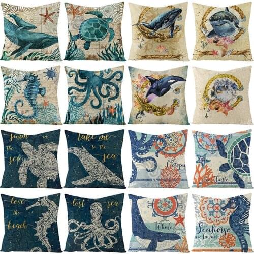 Turtle Printed Cushion Cover Sea Style Octopus Cotton Linen Pillow Case Sofa Sea Pillowcases Home Party Decorative Cushion Cover