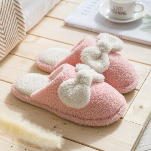 2020 New Women Bowknot Cotton Slippers Girls Cute Bow Plush Warm Indoor Non-Slip Home Shoes Winter Couple Soft Stuffed Flip Flop