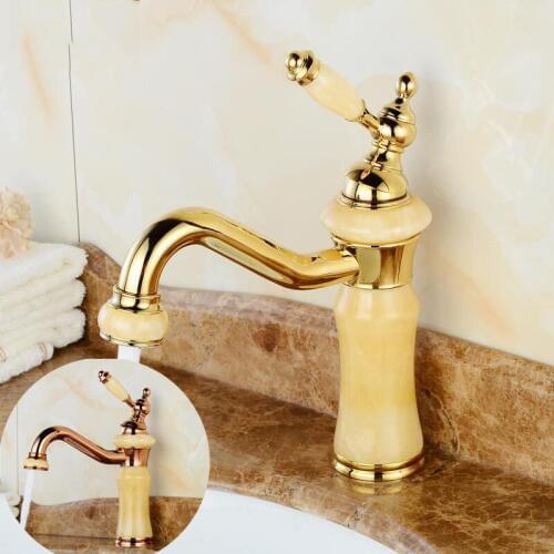 New Design Golden Finish Luxury Bathroom Basin Faucet Single Handle Vanity Sink Mixer water Tap Brass and Jade Basin Sink Faucet