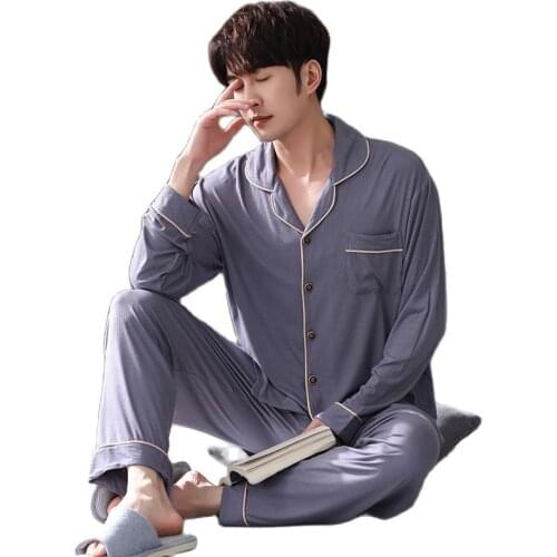 Autumn Modal Men Pajamas Set Long Sleeve Turn-down Collar Cardigan Sleepwear Casual Soft Loose Plus Size Male Nightwear