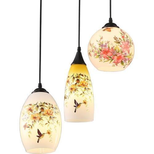 Modern Glass Case Pendant Light Chinese Style Printing Restaurant Pendant Lamps Bar Counter Pendant Lighting Fixtures