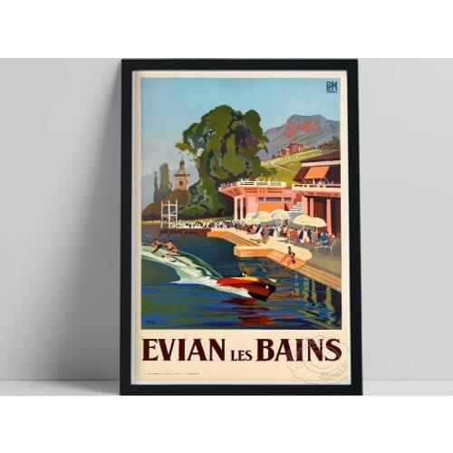 World Travel Print Poster, France Evian Les Bains Art Prints, Lake Geneva Shoreside Scenery Canvas Painting, Vintage Home Decor