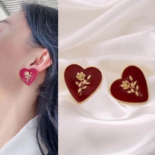 Romantic Wine Red Heart Rose Stud Earrings for Women Girls Teen Korean Fashion Flower Petal Love Earrings 2021 Trend New Arrival