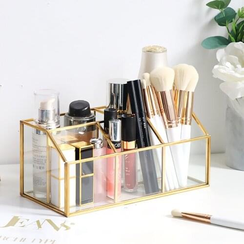 Luxury Glass Storage Box Makeup Organizer Lipstick Makeup Brush Holder Perfume Organizer Desktop Jewelry Cosmetic Storage Box