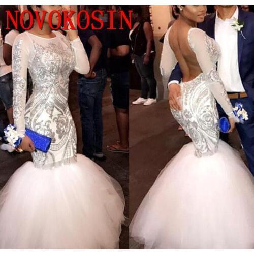 Sexy African White Mermaid Long Sleeves Prom Dresses 2019 Sequins Appliqued Backless Ball Prom Dresses Evening Party Gowns