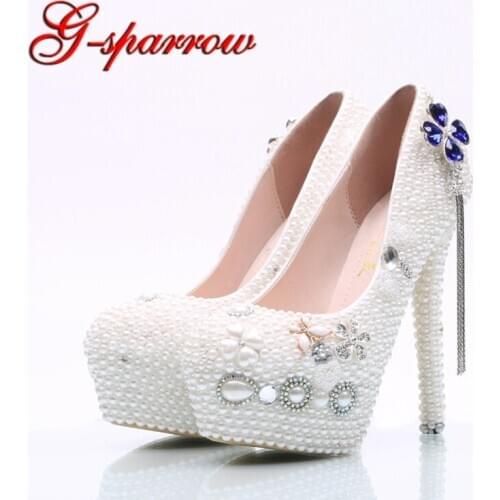 Bridal Wedding Party Shoes White Pearl Women Dress Shoes Girl Adult Ceremony Shoes High Heel Birthday Prom Pumps Plus Size 45