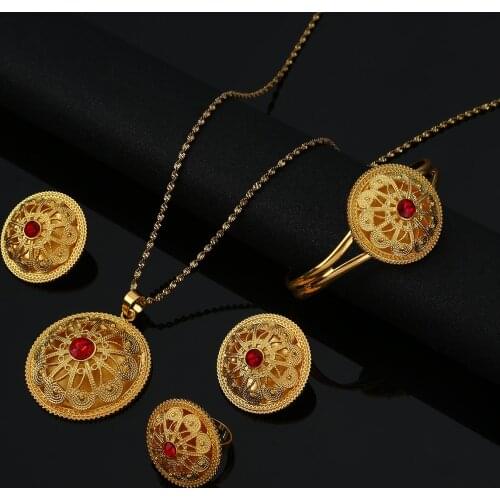 Ethiopian Eritrean Gold Color Jewelry with Stone African Ethnic Gifts Habesha Wedding Jewelry Set