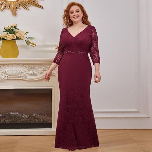 Evening Dress Burgundy V-Neck Floral Print Mermaid Floor-Length Three Quarter Sleeves Elegant Plus Size Women Formal Gowns D996