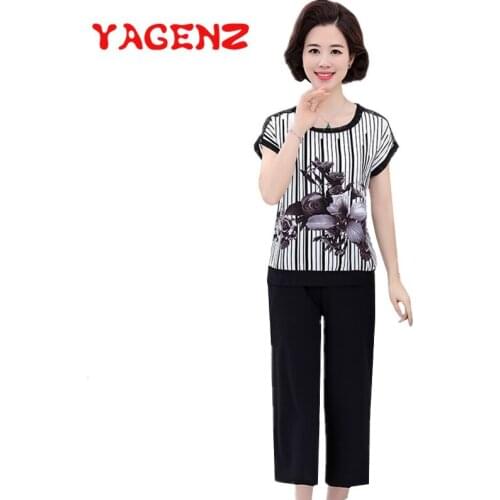 YAGENZ summer clothes for women two piece set short sleeve flowers printed chiffon top and pants plus size 2 piece set women 732