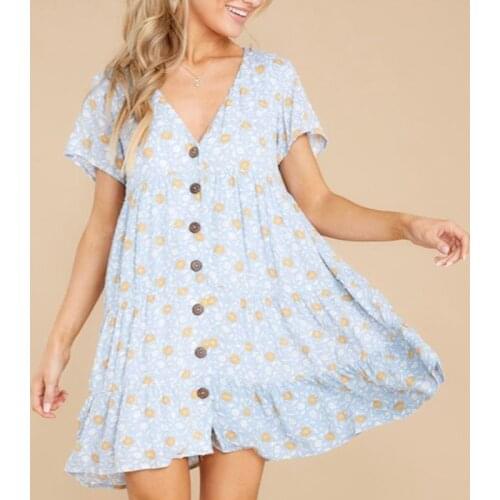 YENKYE Vintage Floral Print Casual Dress Women Single Breasted V Neck Short Sleeve Vestido Mujer Plus Size Summer Dress 2021