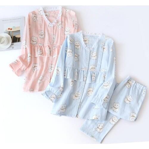 Women Leisure Loose Comfortable Pajamas V-Neck Top and Pants 2 Piece Set Loungewear Summer Cotton Gauze Pajama Home Sleepwear