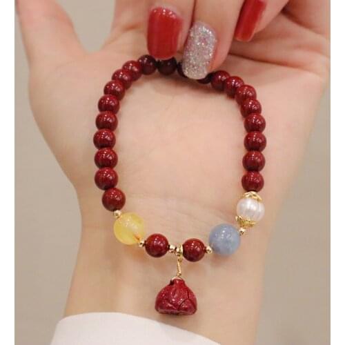 Lotus/Brave Troops Natural Freshwater Pearls Dark Red Cinnabar Aquamarine Chalcedony Beaded Women Bracelets Fine Jewelry YBR530
