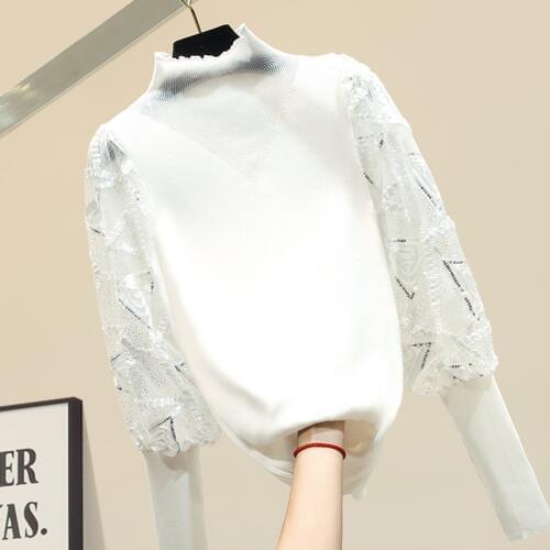 Black Sweater Women Lantern Sleeve Slim-Fit Turtle-Neck White Lace Panel Knit Shirt Female Autumn Winter Sweater Sweter Nancylim