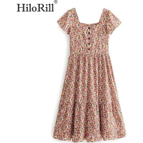 HiloRill Floral Print Short Sleeve Long Dress Women Summer Button Pleated Beach Maxi Dress Square Collar Dress Sundrss Vestido