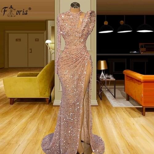 Glittering Pink Sequined Prom Dresses With Side Slit 2021 Sexy One Shoulder Ruched Formal Evening Gowns vestido de novia