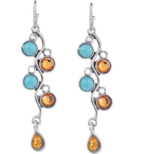 2021 Ethic Turquoises Beads Earrings Tribal Twist Wave Metal Champagne Crystal Teardrop Stone Tassel Earrings for Women Boho