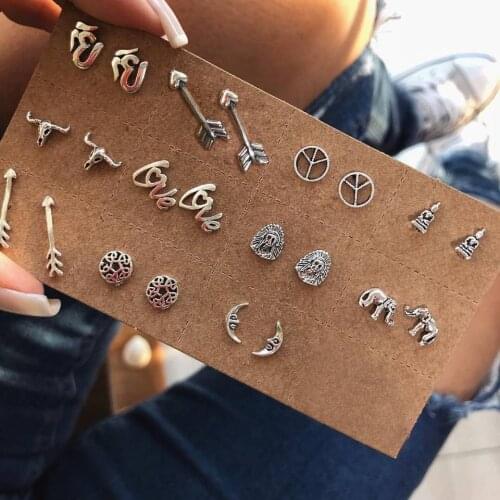 22 Pcs/Set Bohemian Fashion Retro Moon Elephant Buddha Flower Arrow Silver Color Earrings Set Women Charm Party Wedding Jewelry