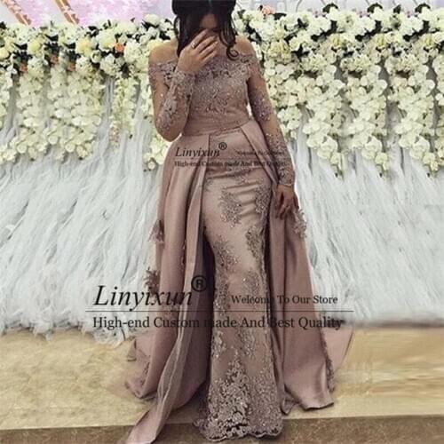 Arabic Muslim Long Sleeve Evening Dresses 2021 Off the Shoulder Mermaid Prom Gown Elegant Women Long Formal Evening Party Gown