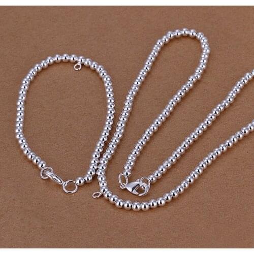 For women lady Christmas gift classic chain 4MM bead necklace bracelets fashion Silver color jewelry Set S062