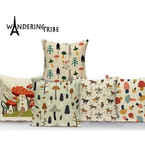 Cartoon Mushroom Pillow Cover Jungle Leaves Decorative Peach Skin Sofa Seat Throw Pillow Case Cushion Cover 45x45cm Cojines