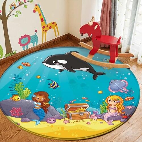 AlfombraFashion Ocean Shark and Mermaid Pattern Non-Slip Children Flannel Round Carpet Baby Carpet Baby Play Mat Children Carpet