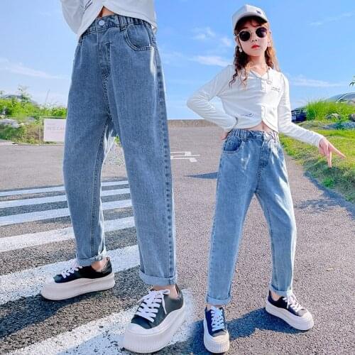 Jeans For Girls Solid Color Korean Casual High Waisted Harem Pants Teenage 2021 Autumn Hot Sale Simple Streetwear Denim Trousers
